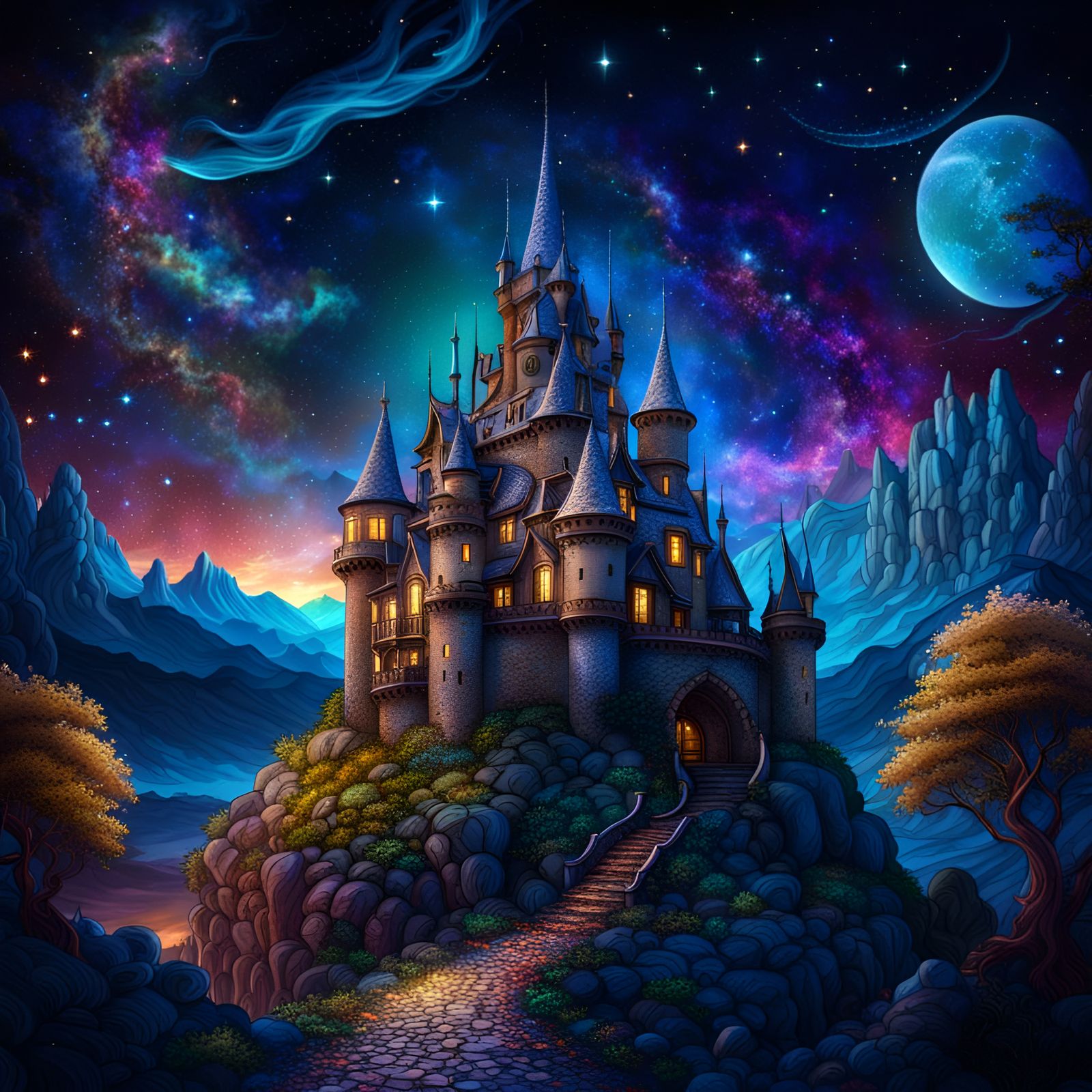 Fantasy Castle Under Starry Night Sky