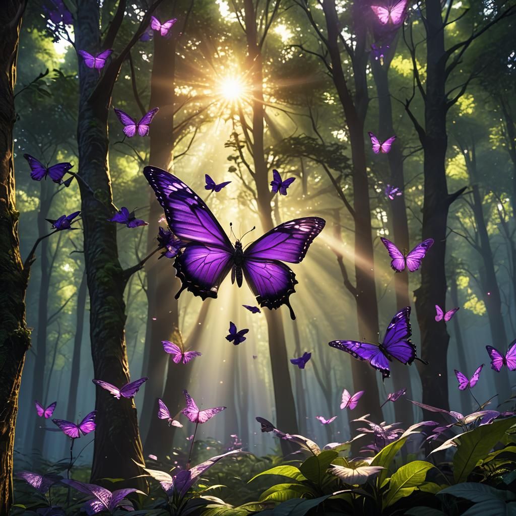 Purple Butterfly Flight Through Sunlit Forest