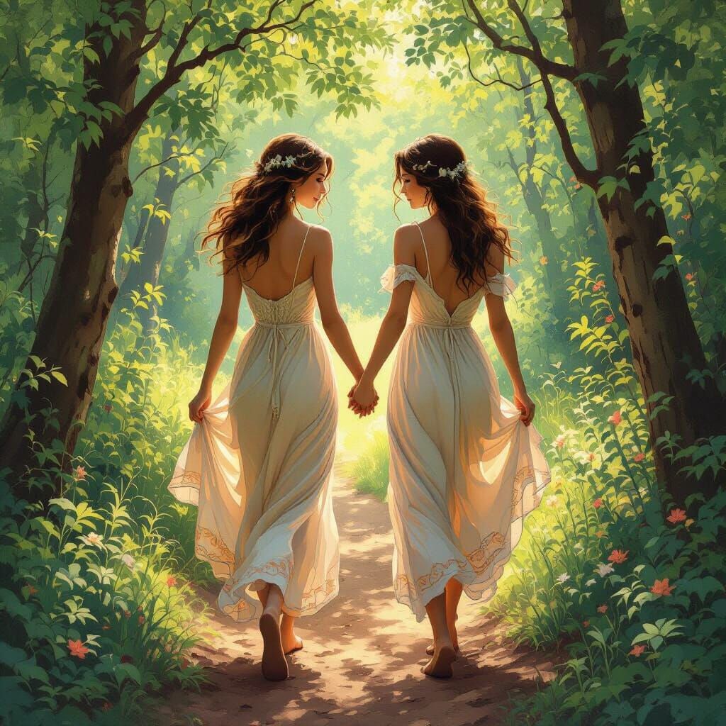 Women in Sunny Woods, Art Nouveau Style