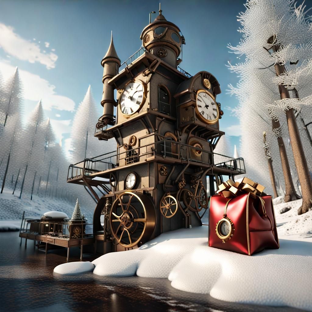Steampunk Mill Scene with Santa's Team in Winter
