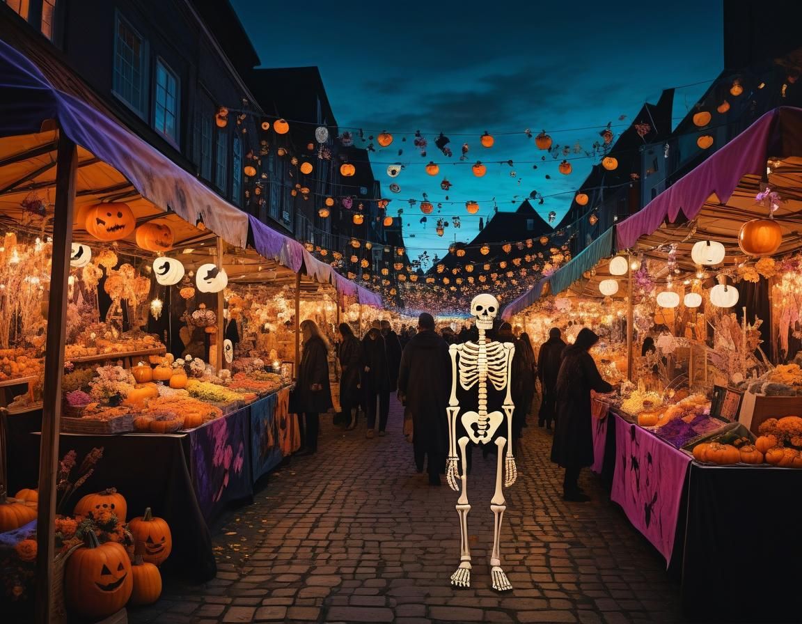 Glowing Halloween Market with Skeleton in Abstract Style