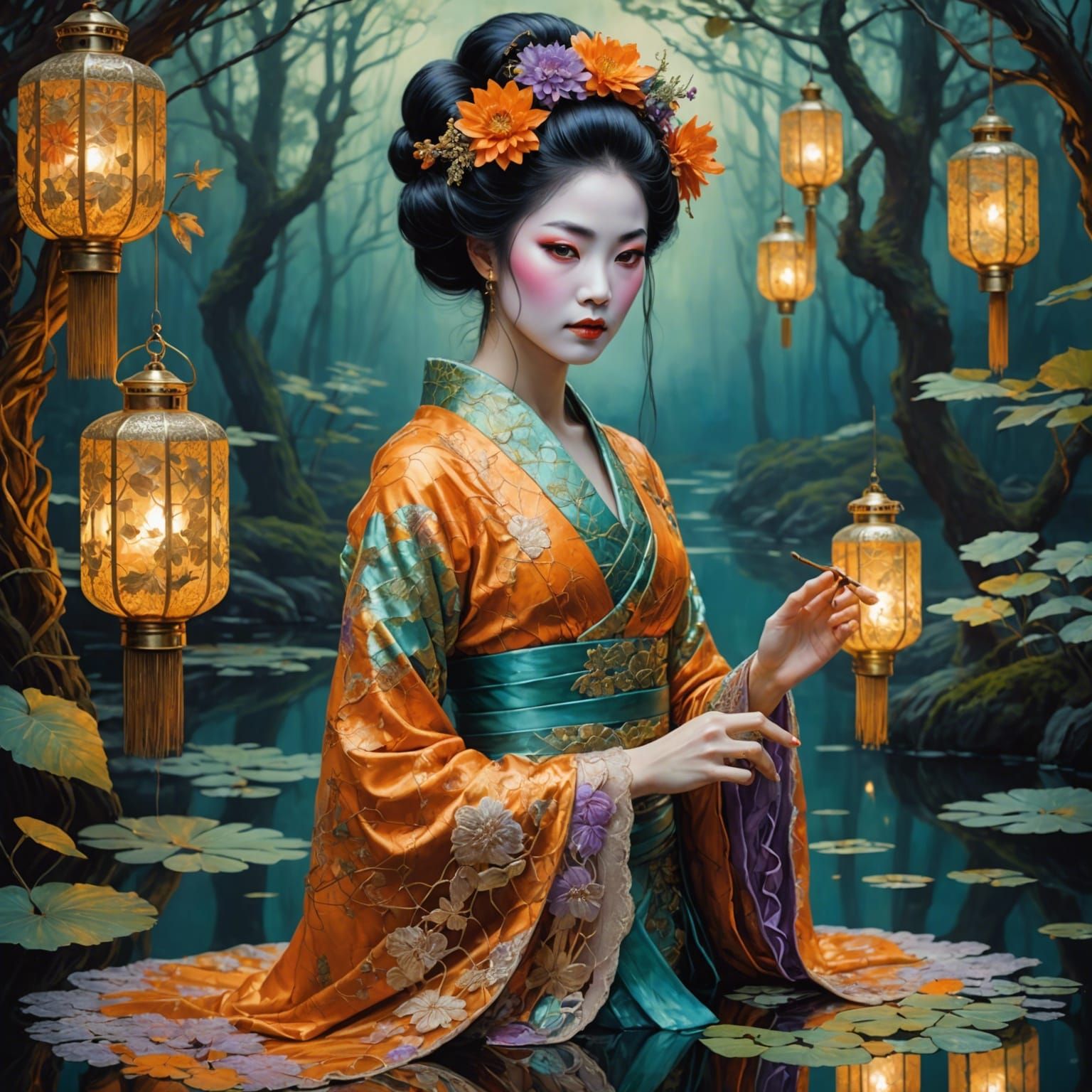 Geisha in Lace Dress Reflected in Forest Pond