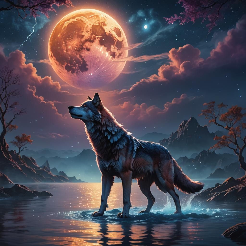 Wolf Howling at Moon in Watercolor Style