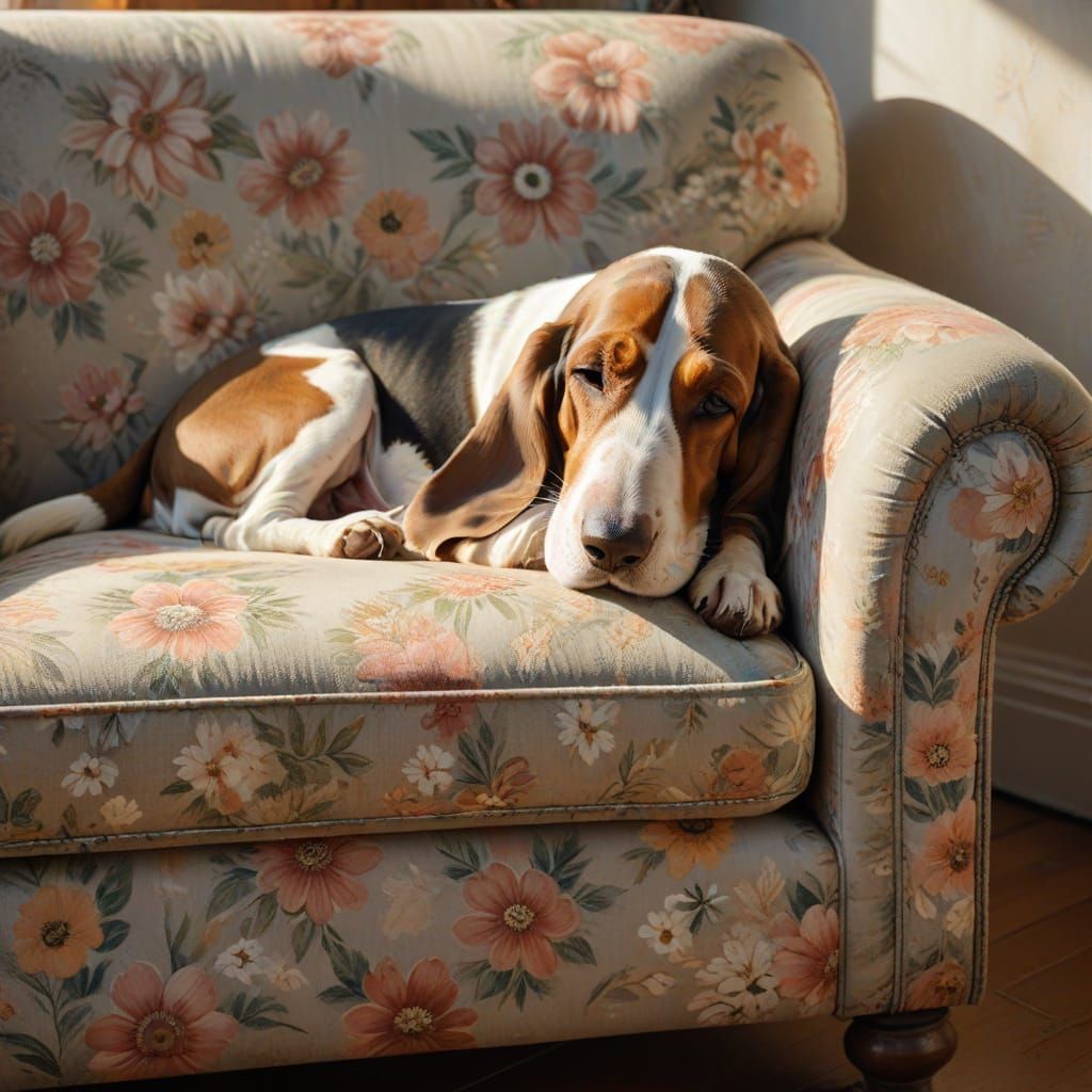 Sleepy Basset Hound in Sunbeam on Armchair