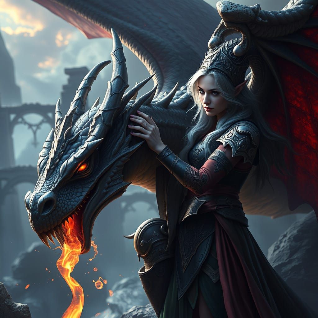 Enchanted Sorceress Tenderly Cares for Majestic Dragon in a...