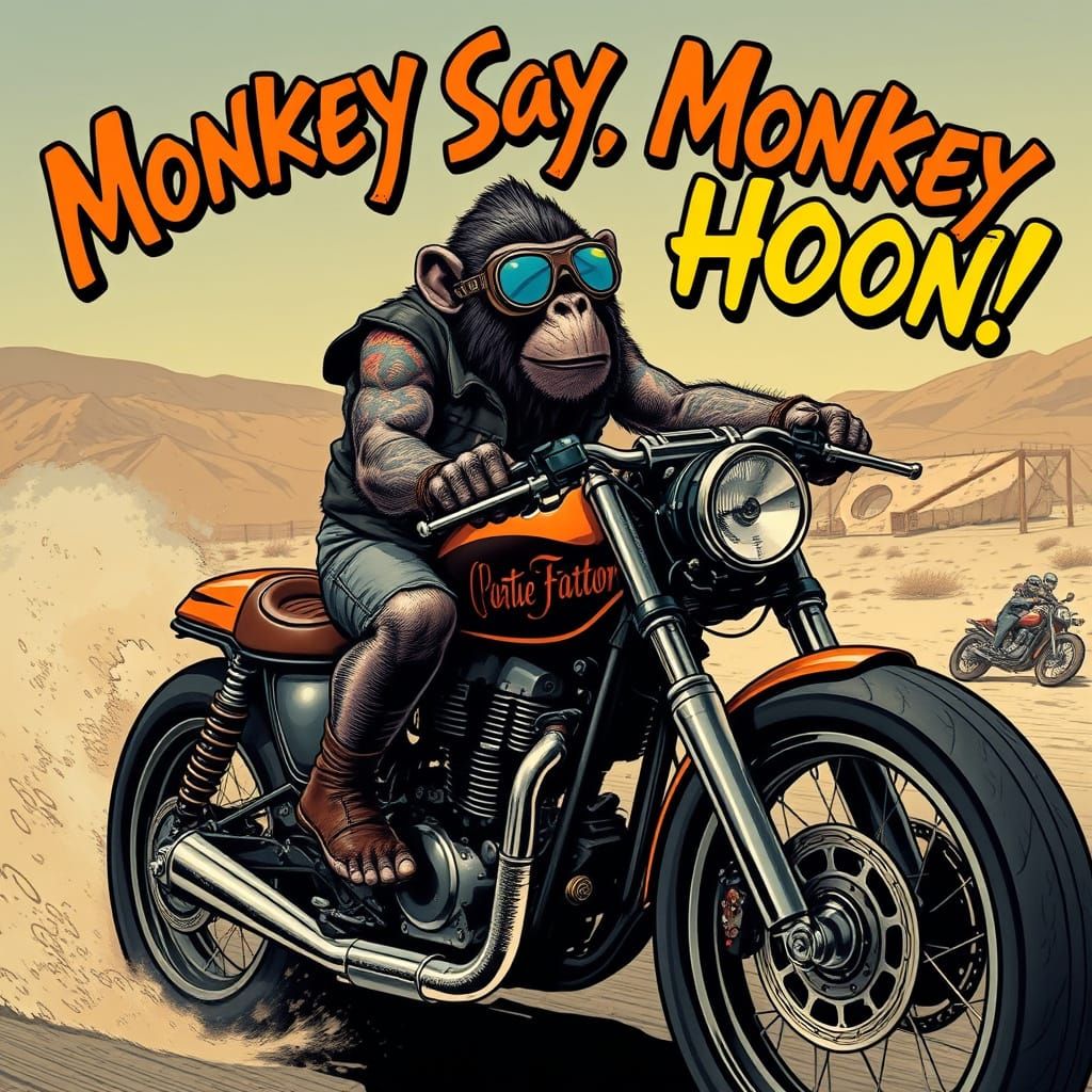 Tattooed Monkey Rides Motorcycle on Desert Highway