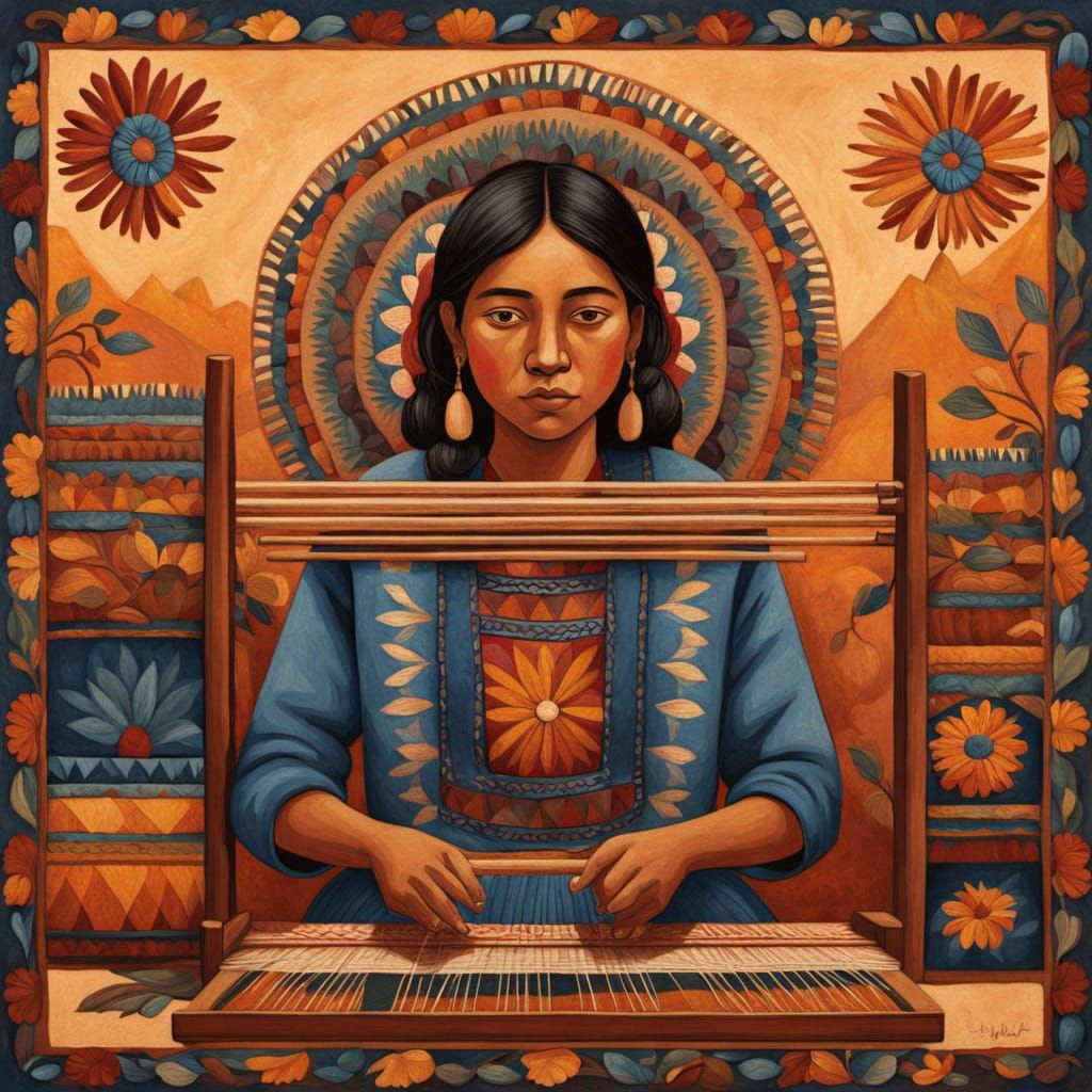 Indigenous Weaver in Traditional Setting, Folk Art Illustrat...