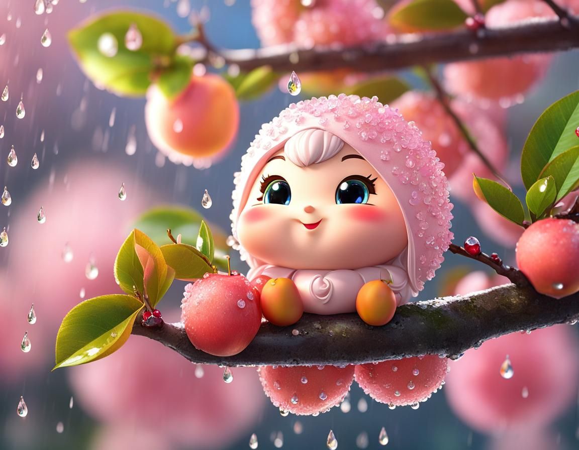 Peach baby enjoys rainy day