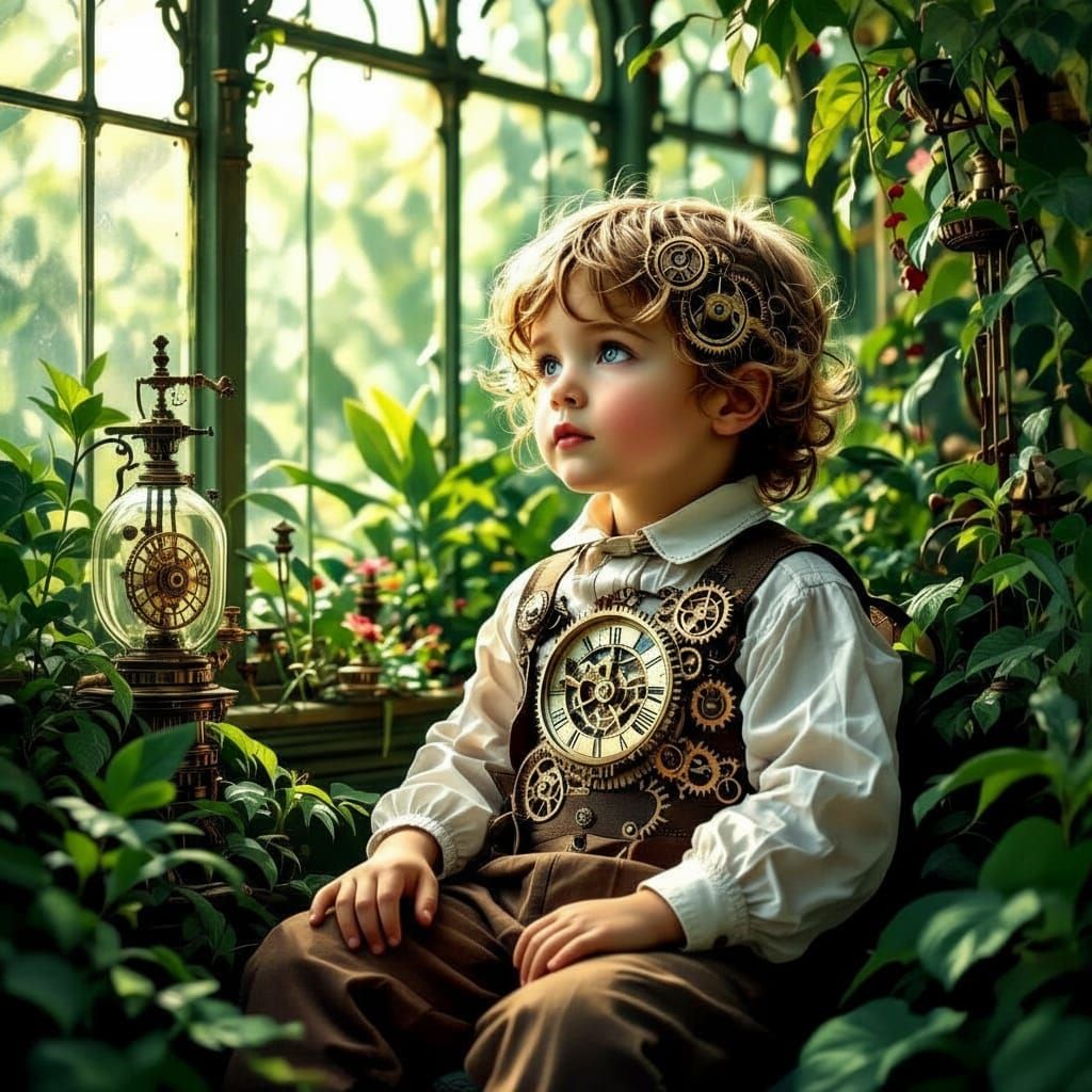 Child in Clockwork Victorian Greenhouse, Art Nouveau Style