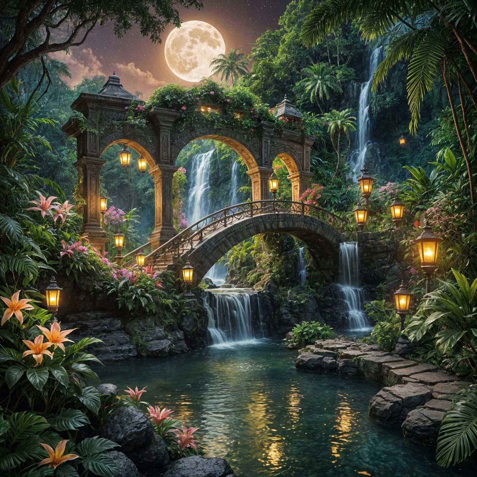 Lush Tropical Paradise Waterfall Under Moonlight