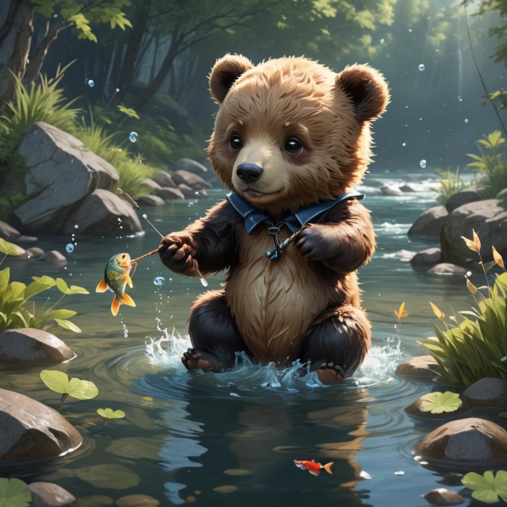 Cute Baby Bear Fishing: 3D Anime Art