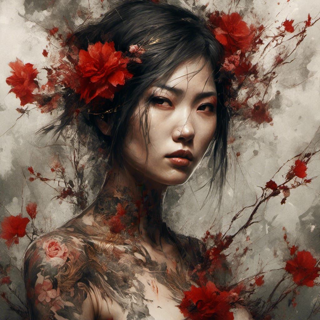 Bold Red Yakuza: Asian Woman with Floral Tattoo