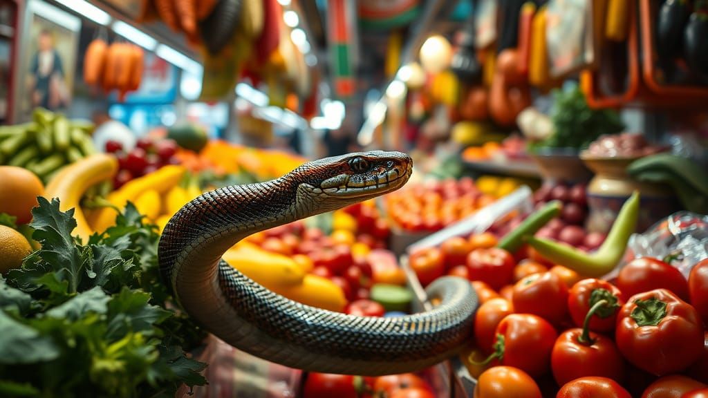 Snake Slithers Through Vibrant Market in Hyperrealistic Deta...