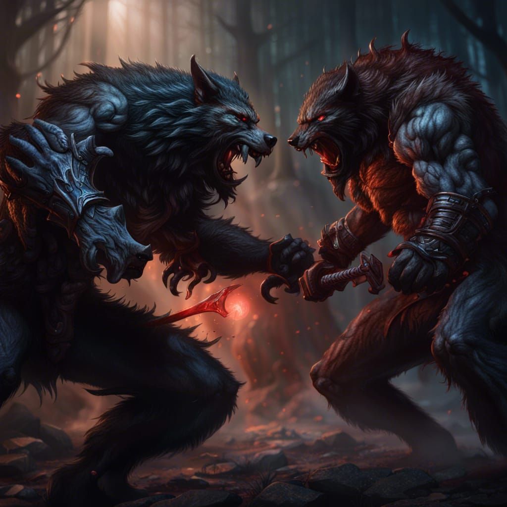 Demonic Battle: Demon Fighting Werewolves in Detailed Painti...