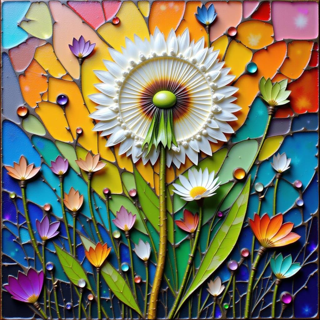 Dandelion Seeds in Iridescent Mosaic, Abstract Composition