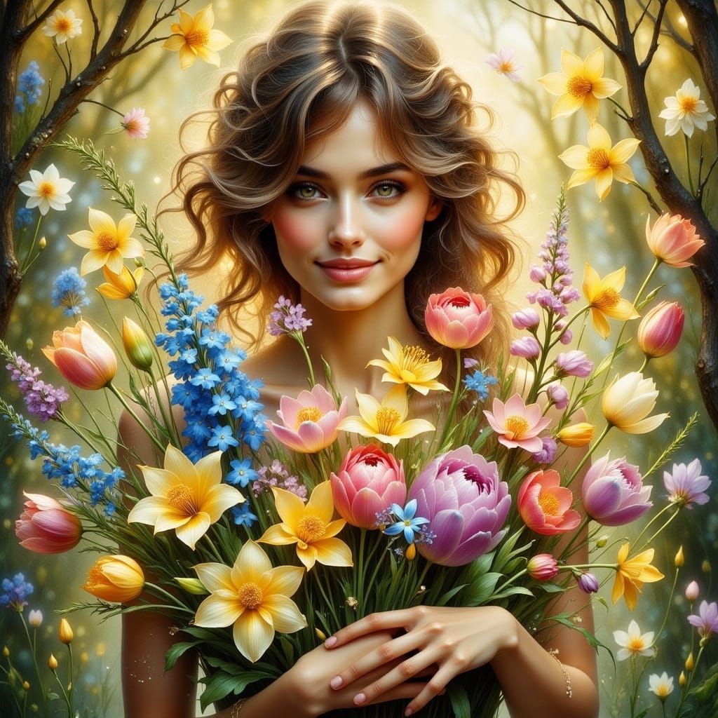 Gentle Fantasy Portrait with Vibrant Spring Flowers