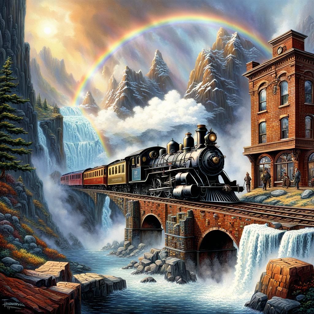 Steampunk Trains in Antarctica with Rainbow Waterfall