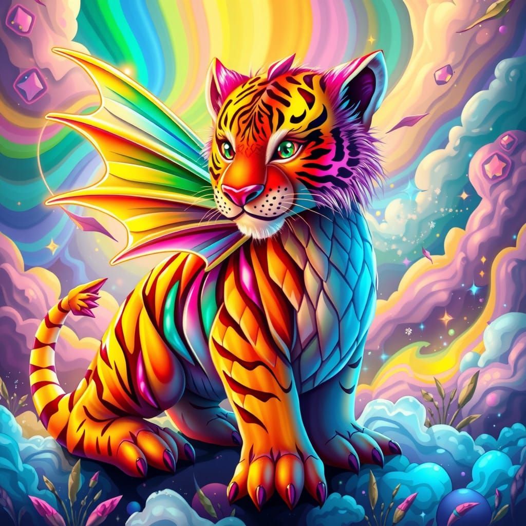 Glowing Fairy Dragon Tiger Amidst Neon Rainbow Clouds