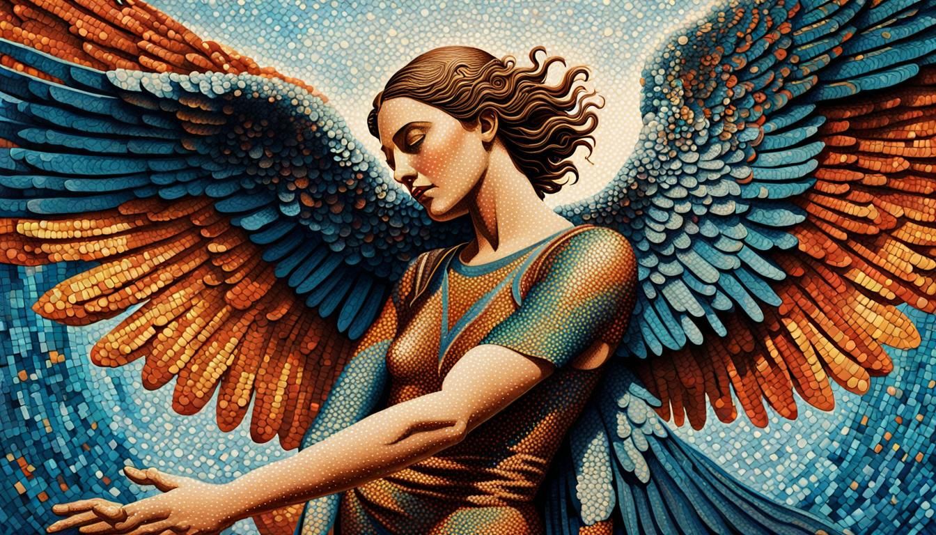 Icarus and Woman in Pointillism Art Deco Style