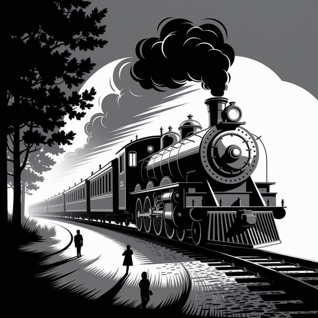 singular exposure vintage train chugs along curved path strewn with silhouettes streak through an ongoing rehearsal of h...