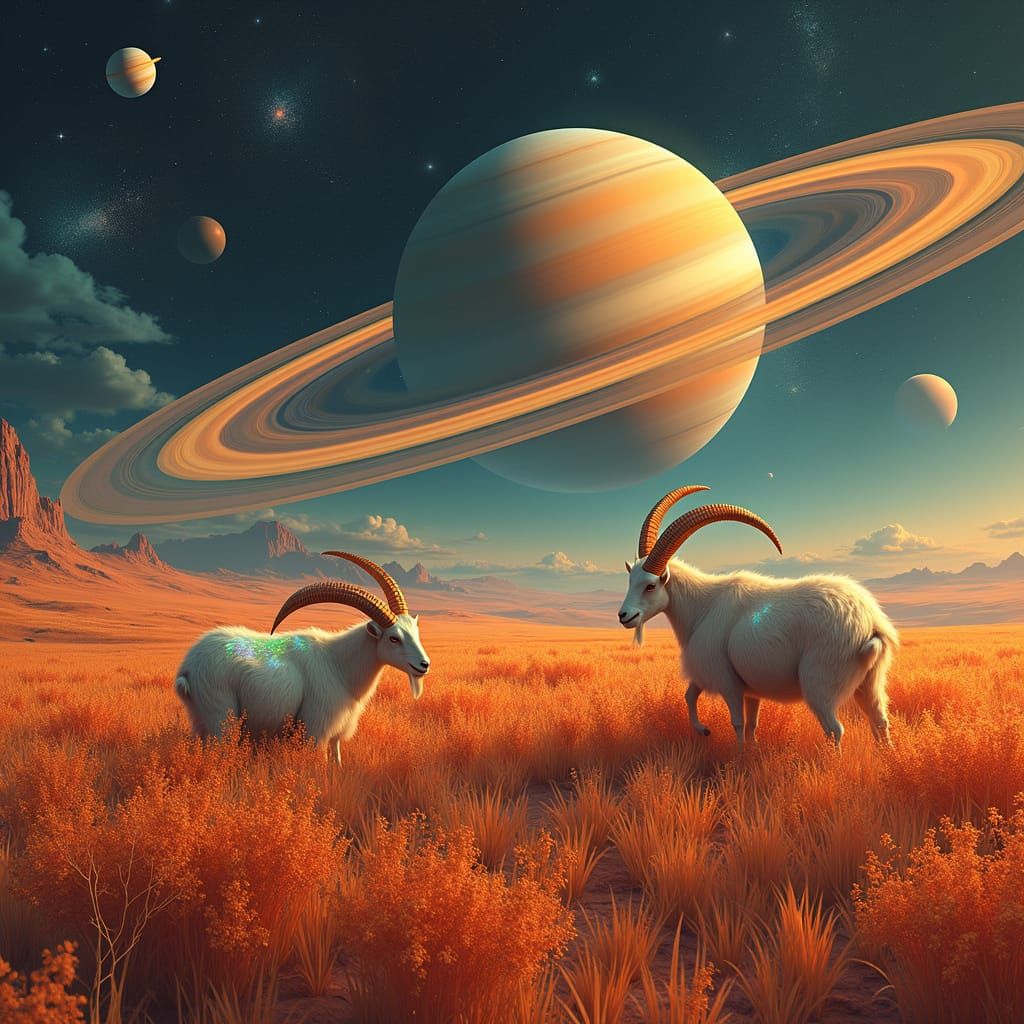 Surreal Goats in a Cosmic Meadow with Saturn's Rings