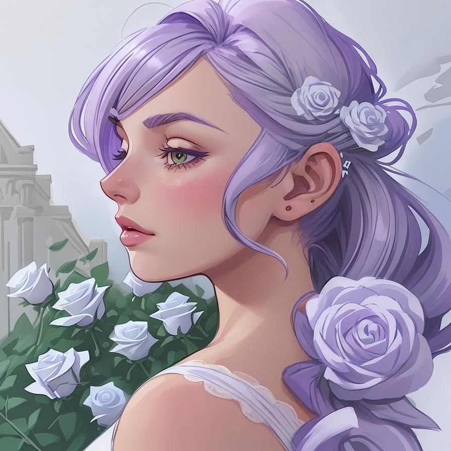 Lavender Haired Woman with White Roses Illustration