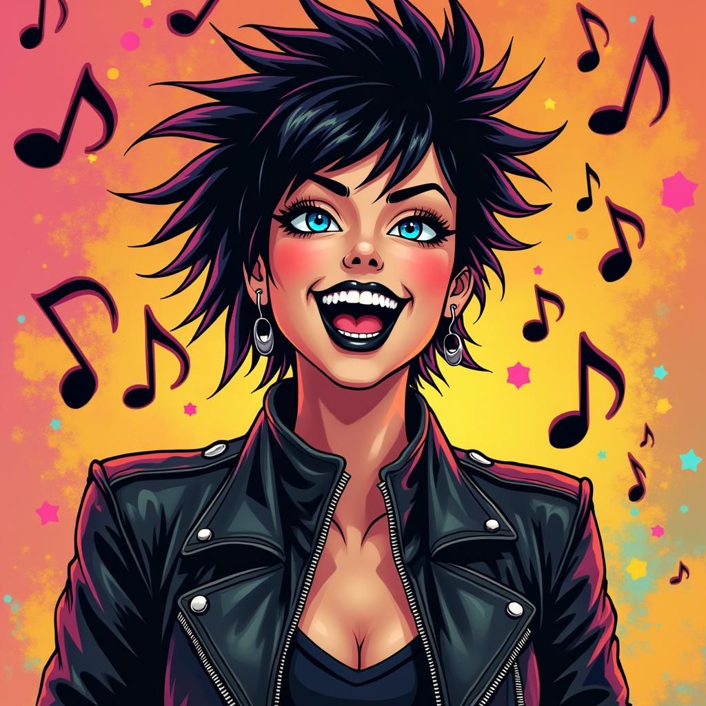 Laughing Brunette in Punk Rock Style with Music Notes
