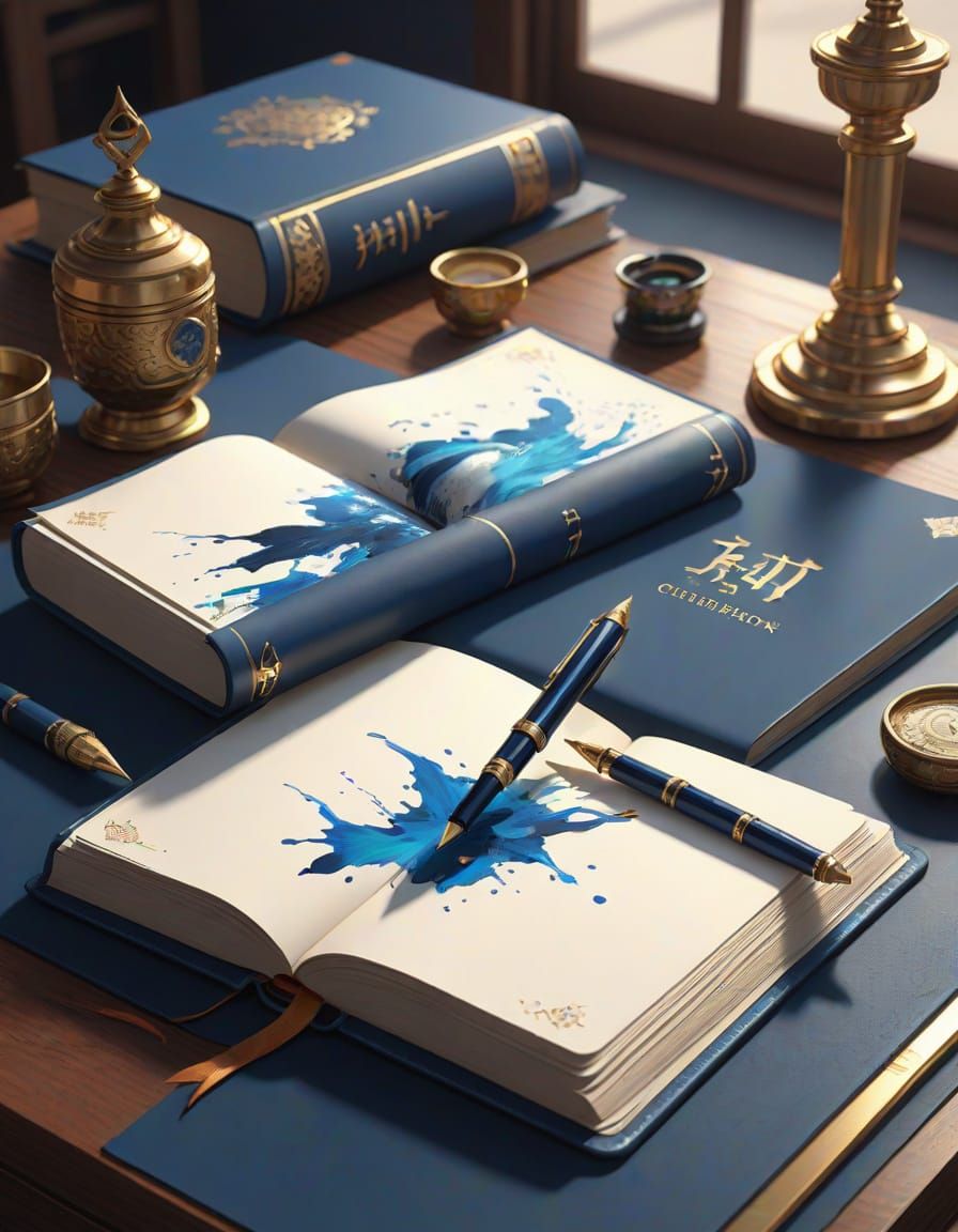 Luxurious Blue Fountain Pen Writes on Golden Book in Hyper-R...