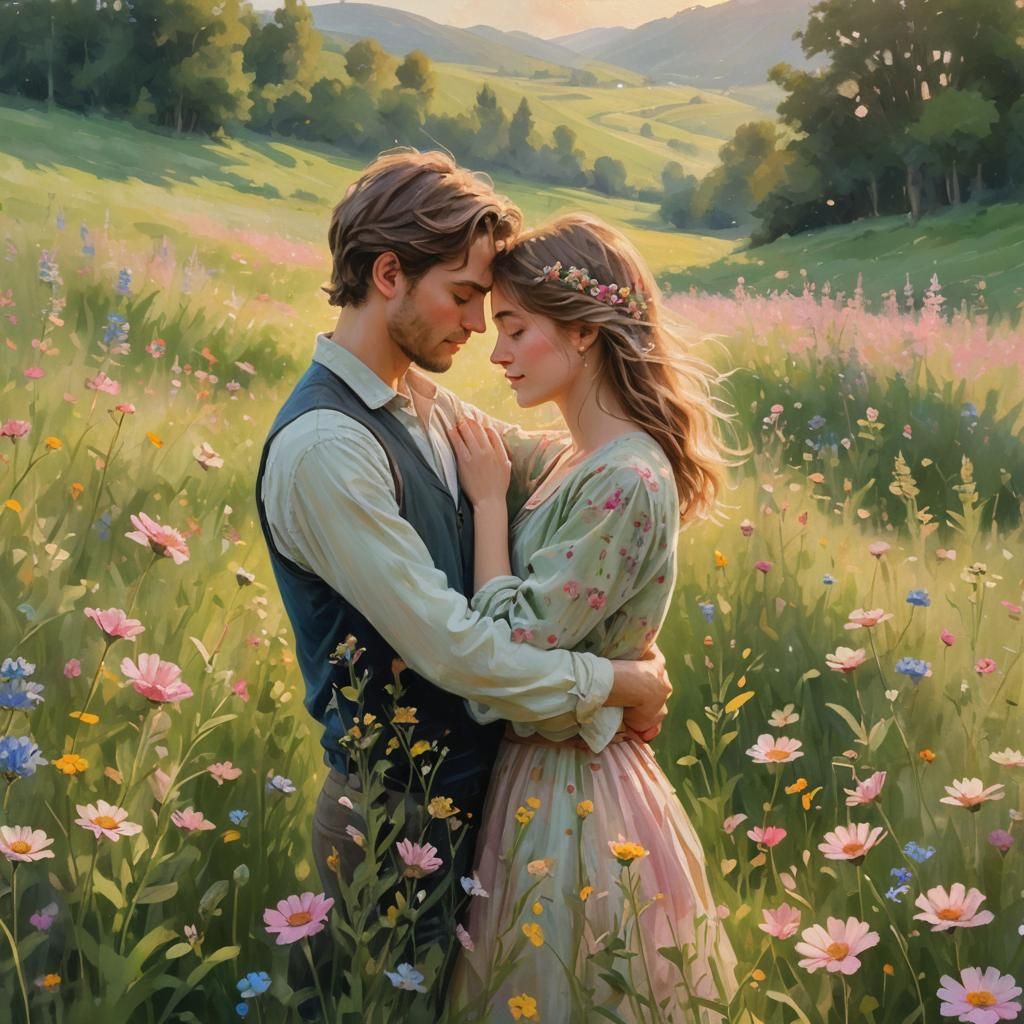 Impressionist Painting of Couple in Wildflower Meadow