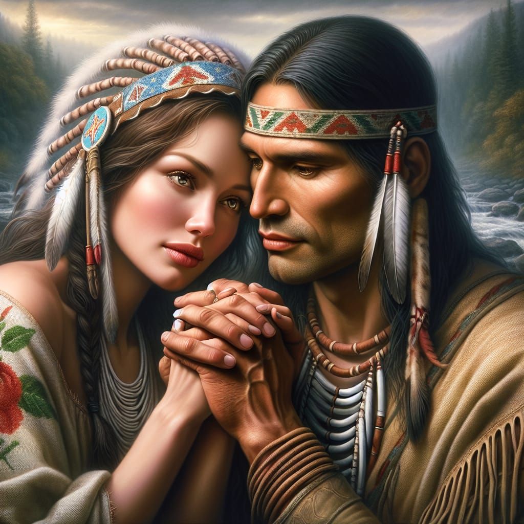 Portrait hyper-realistic Native American woman holding a Nat...