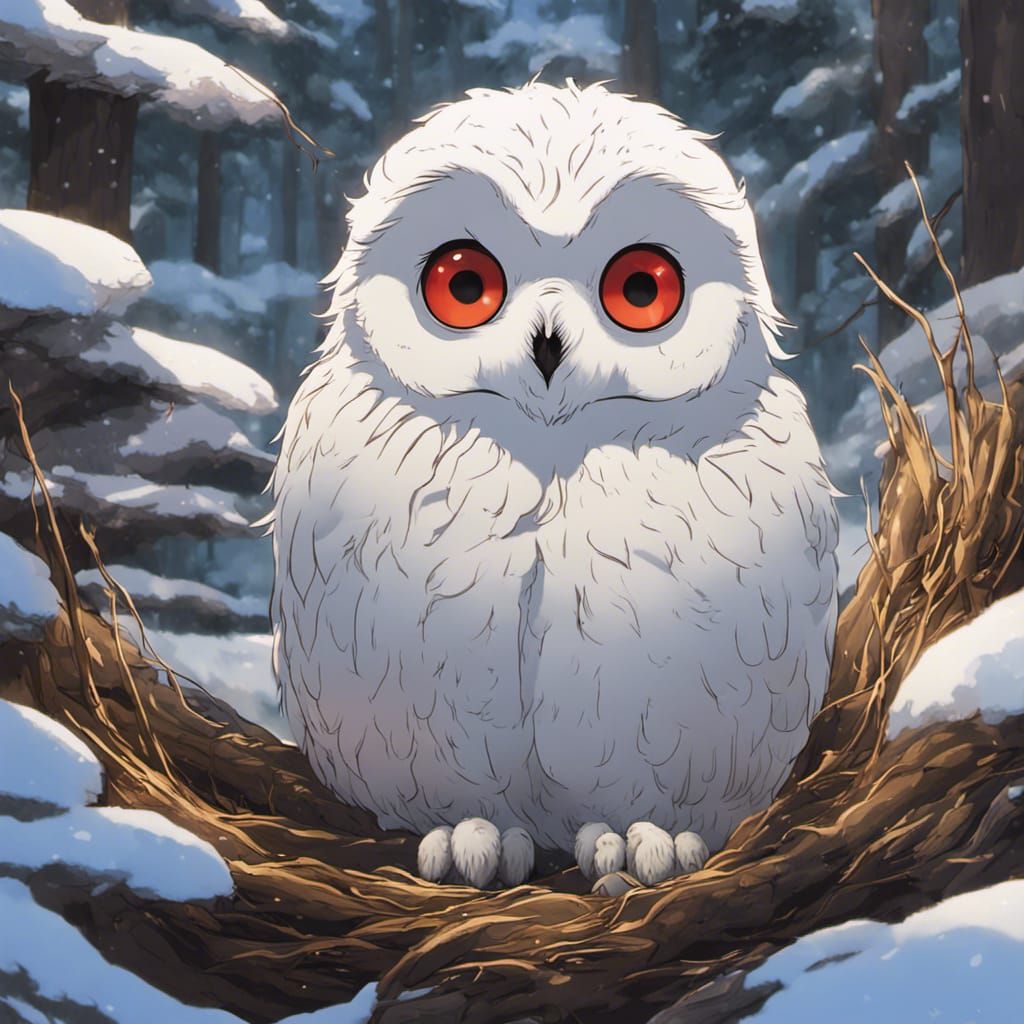Red-Eyed Owl Chick in Anime Style Nest