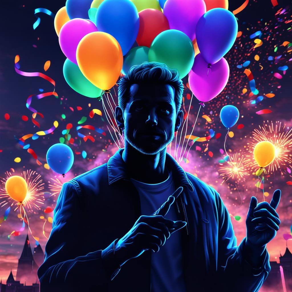 Birthday Celebration Silhouette with Glowing Outlines