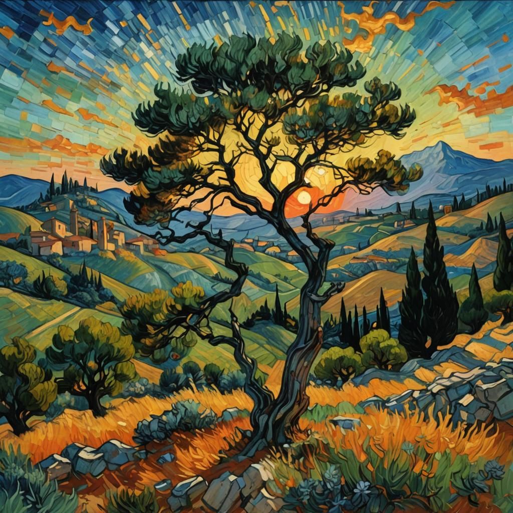 Tuscan Sunset with Cypress Tree, as Impasto Painting