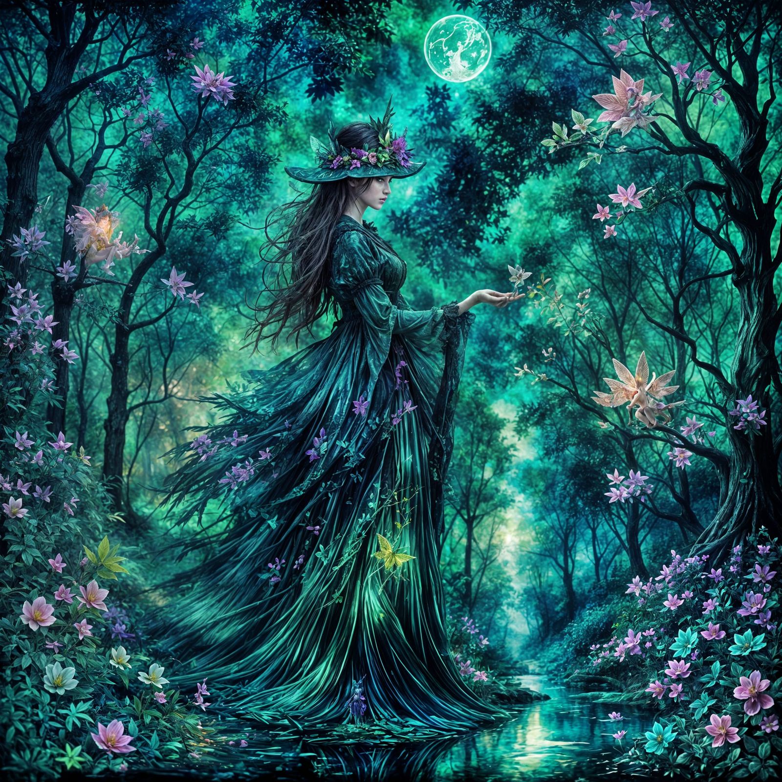 Alcohol Ink, Witch with Blue and Green Dress