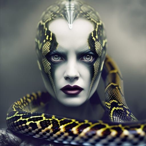 Eerie Snake Woman Portrait with Intense Gaze