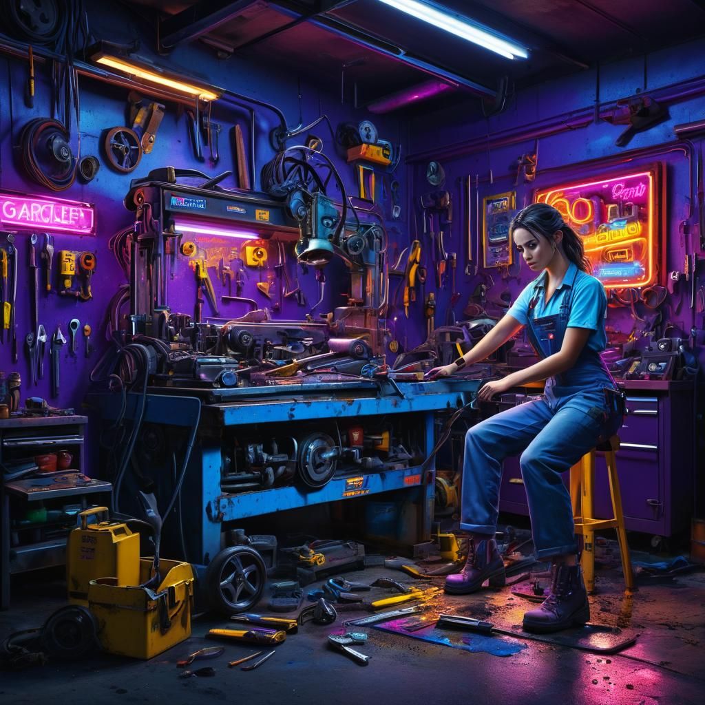 Mechanic Girl Posing in Neon-Lit Garage as Splash Art