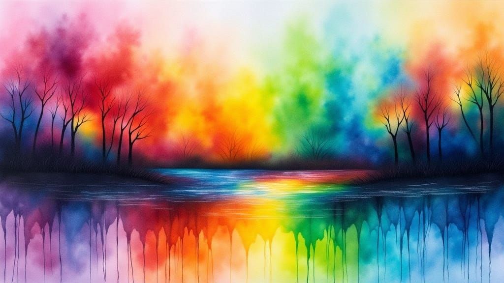 Vibrant Abstract Watercolor Painting with Multicolored Ink D...