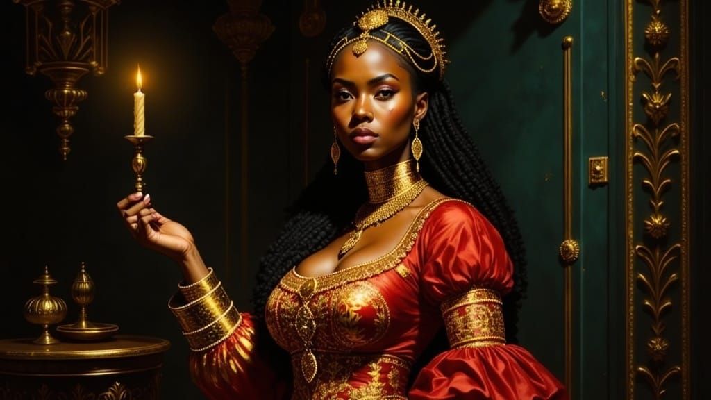 Honduran Woman in Red Gown with Candlelight, Rococo Style