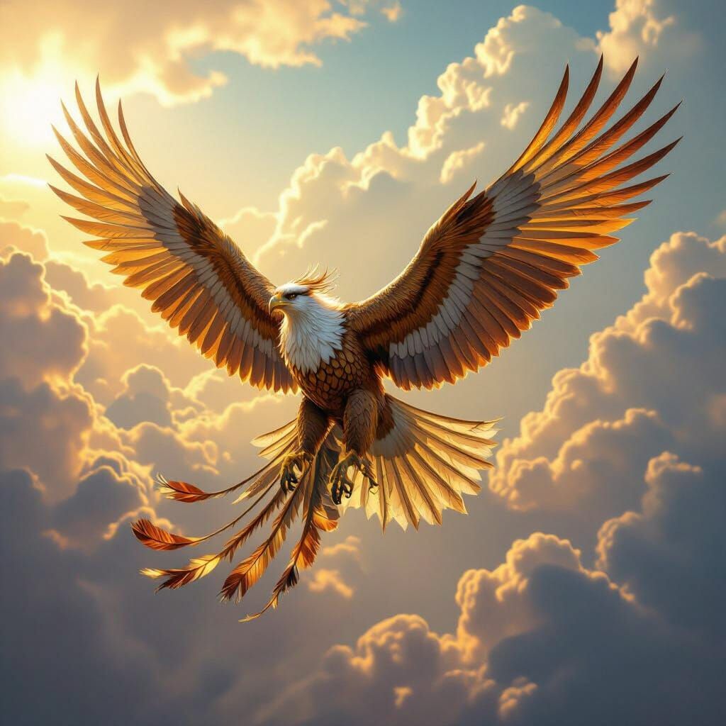Griffin Soaring in Sunlit Sky: Hyperrealistic Wildlife Art
