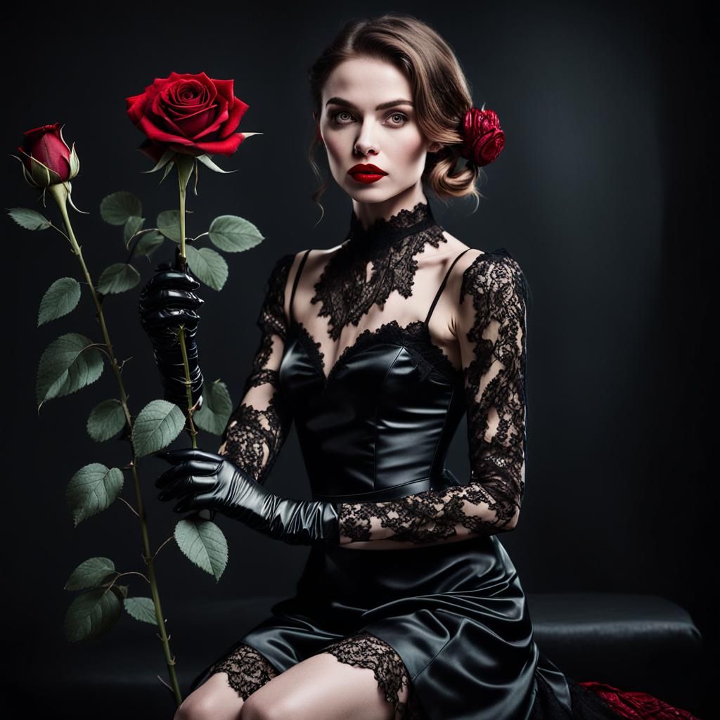 A beautiful woman holding a long red rose branch in her hand