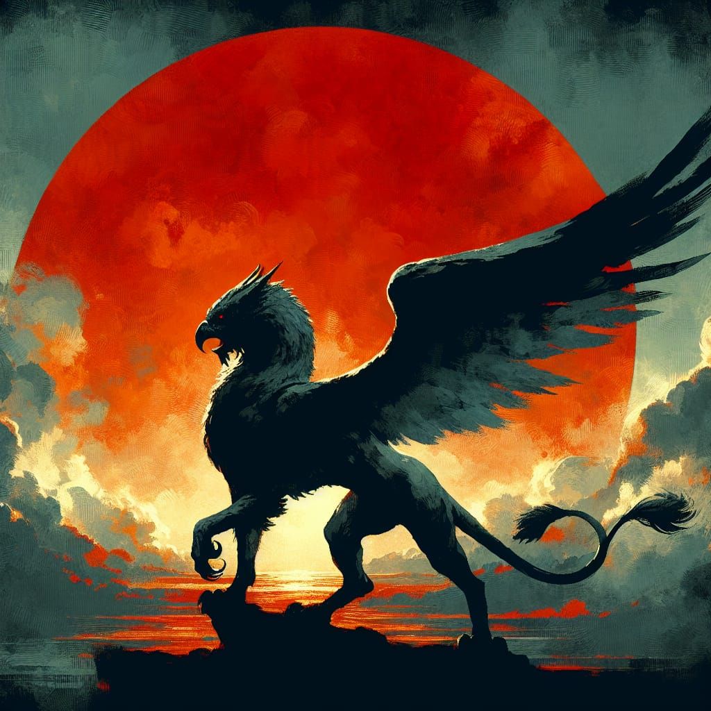 Gryphon Silhouette at Sunset: Sumi-e Oil Painting