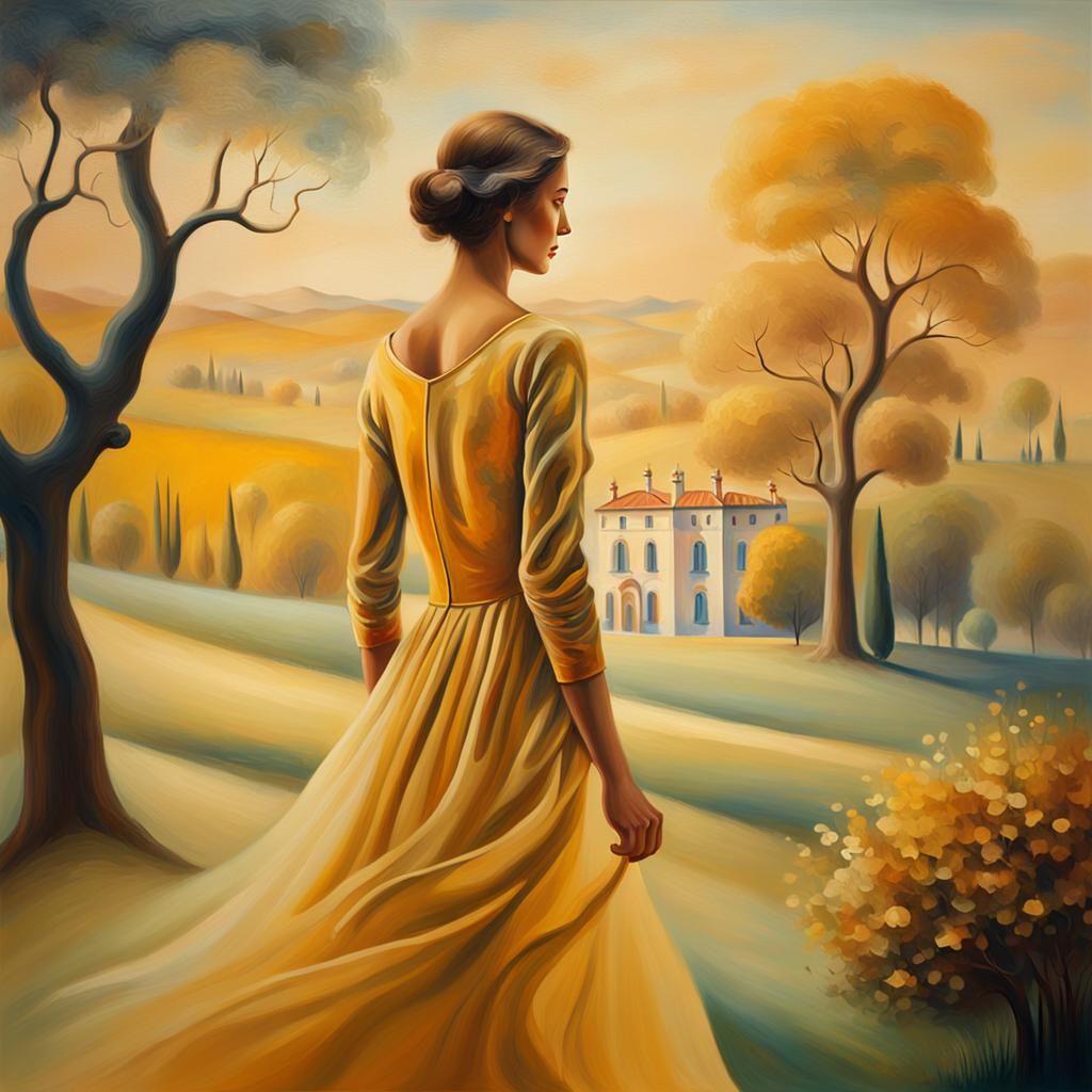Girl in Surreal Autumn Landscape, Dali Style Painting
