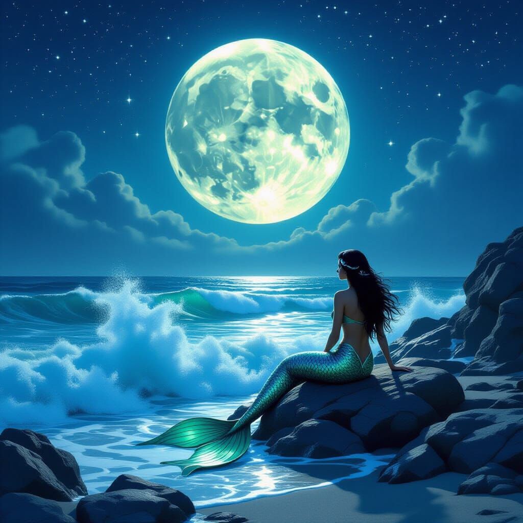 Mermaid Under Hunter's Moon Over Crashing Waves