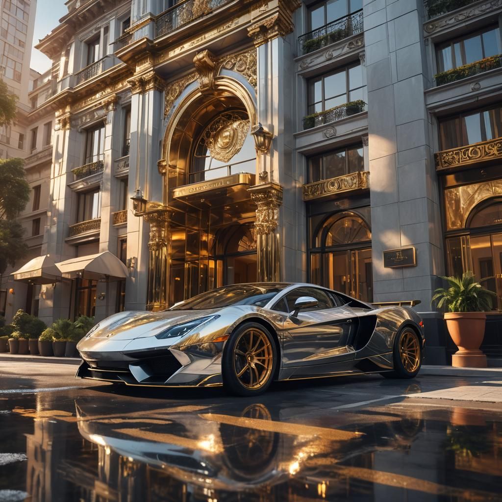 Silver Supercar at Luxurious Hotel: Digital Matte Painting