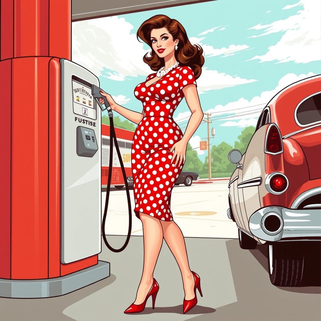 Pin-Up Girl at Vintage Gas Station
