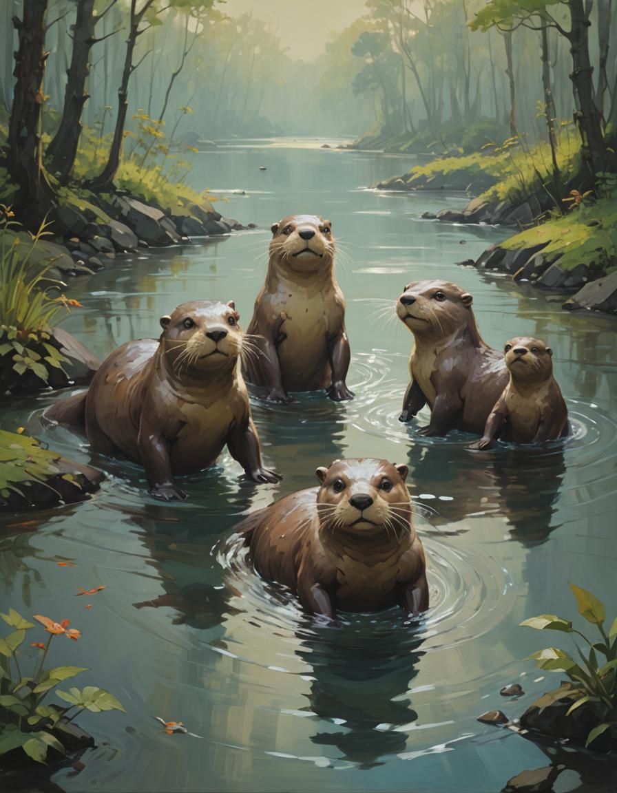 Whimsical Otters in Colorful Underwater Landscape