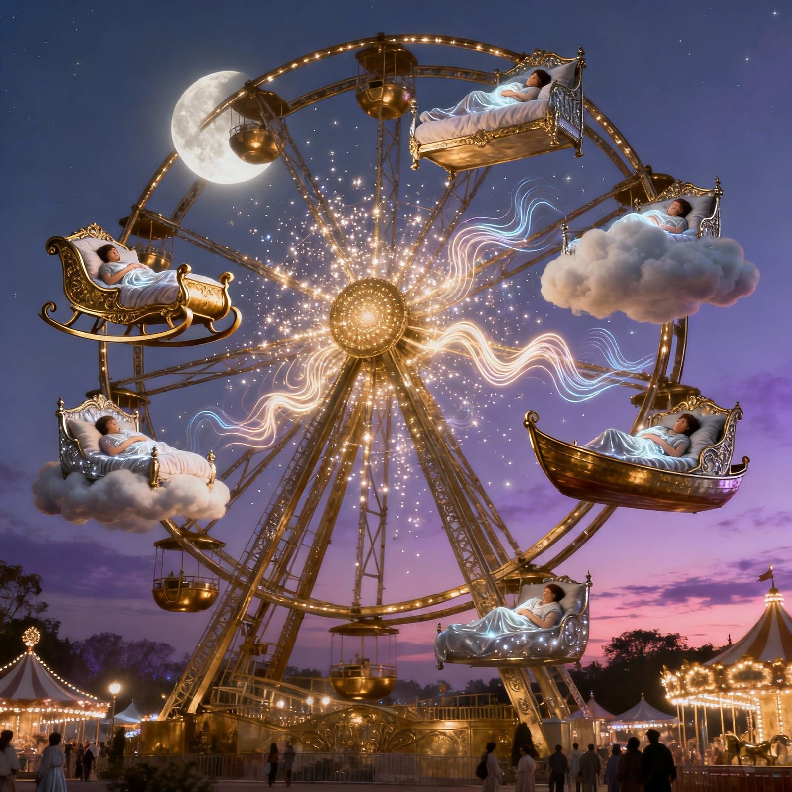 Magical Brass Ferris Wheel with Dream Beds in Ethereal Fanta...