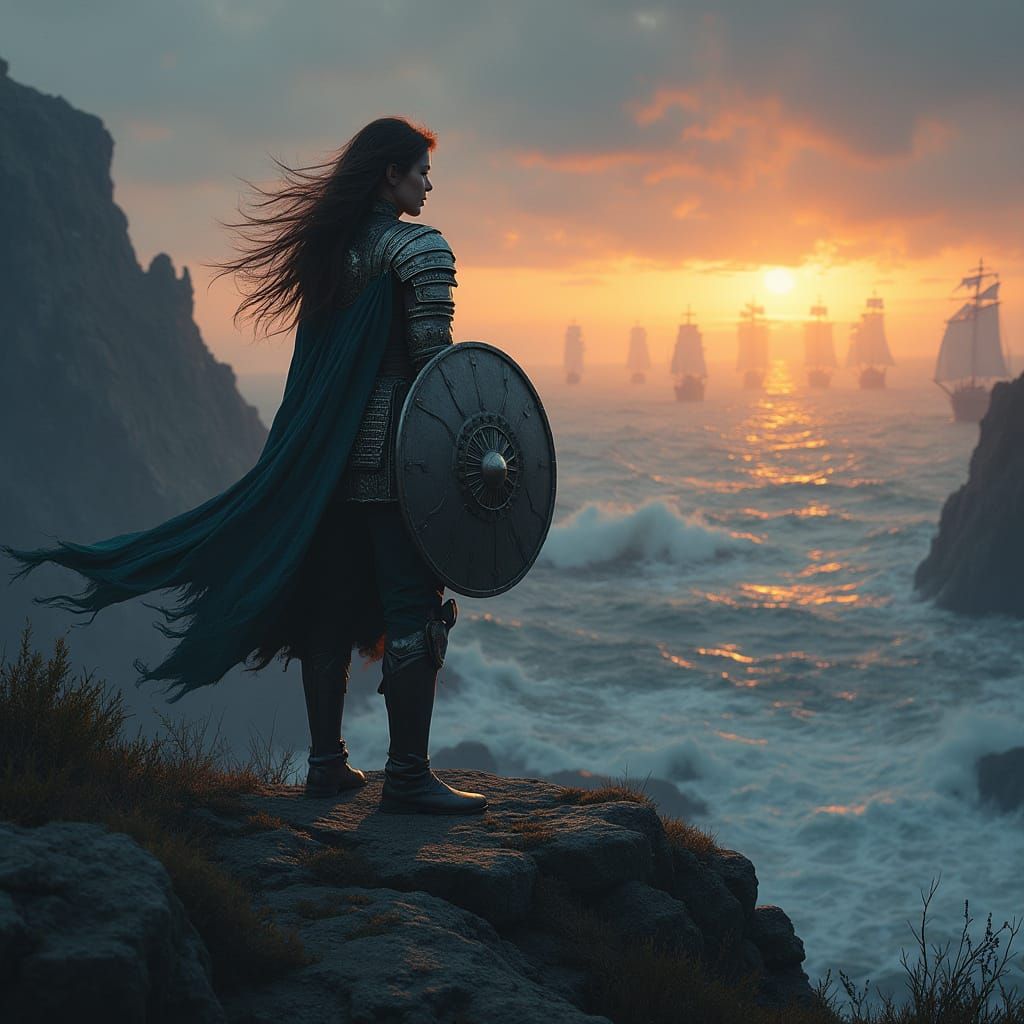 Shieldmaiden Overlooking Twilight Ocean, Digital Art