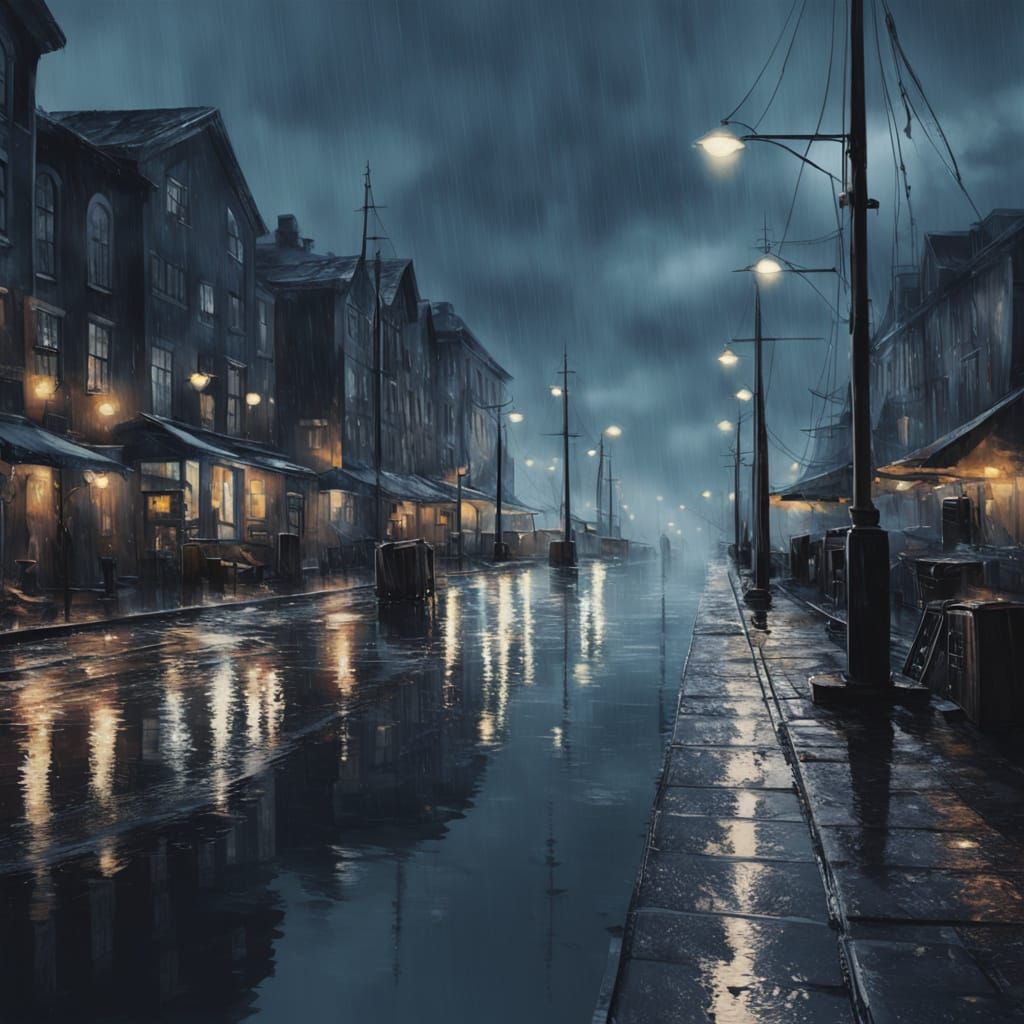 Gloomy Seaport Evening Digital Painting with Rainy Reflectio...