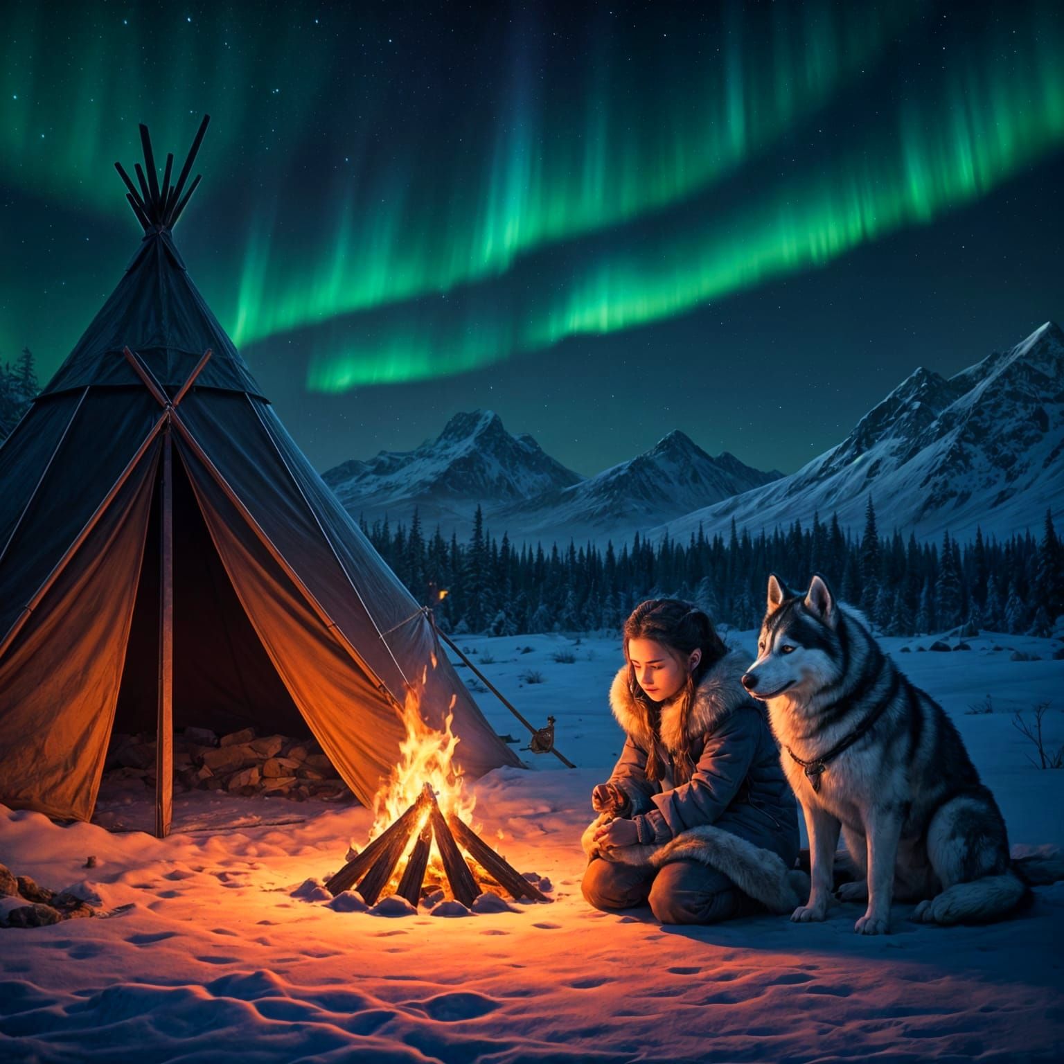 Girl with Husky by Warm Winter Fire Under the Northern Light...